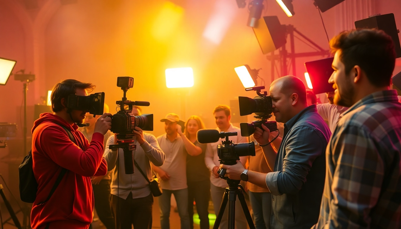Engage in 영상프로덕션 with a diverse film crew operating cameras and lighting equipment.