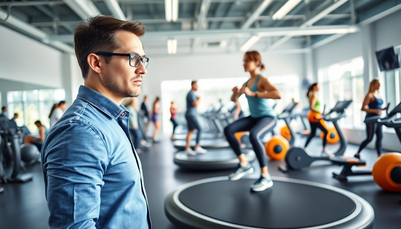 Engaging in whole body vibration therapy with a fitness instructor in a modern gym.