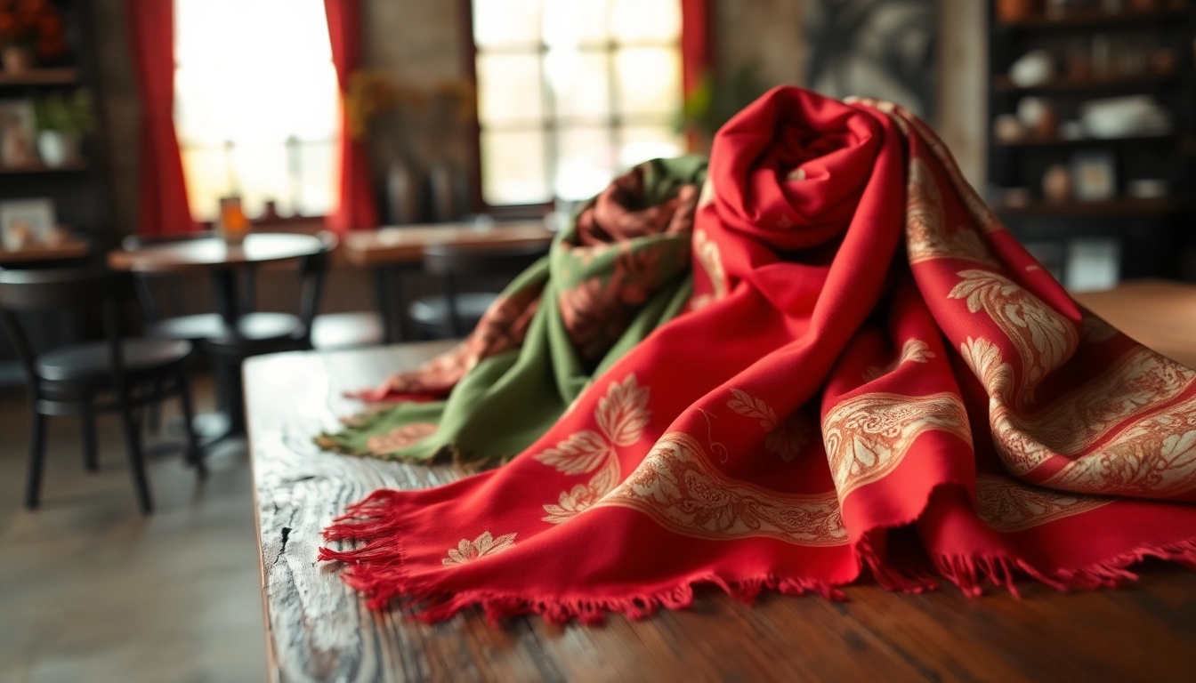 Find beautiful scarves near me in a cozy café setting, featuring elegant designs.