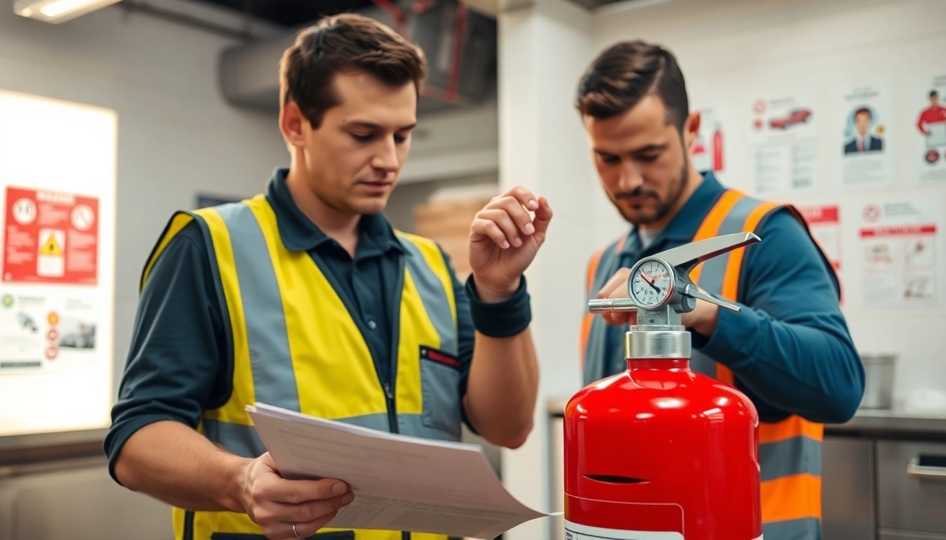 Inspecting a fire extinguisher during a fire extinguisher inspection in a professional setting.