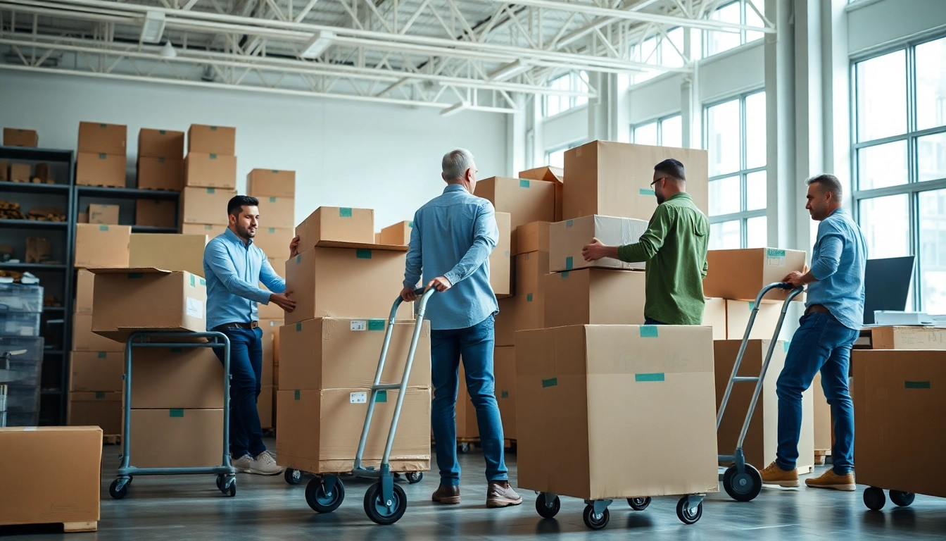 Efficient commercial moving services team packing office equipment in a bright warehouse.