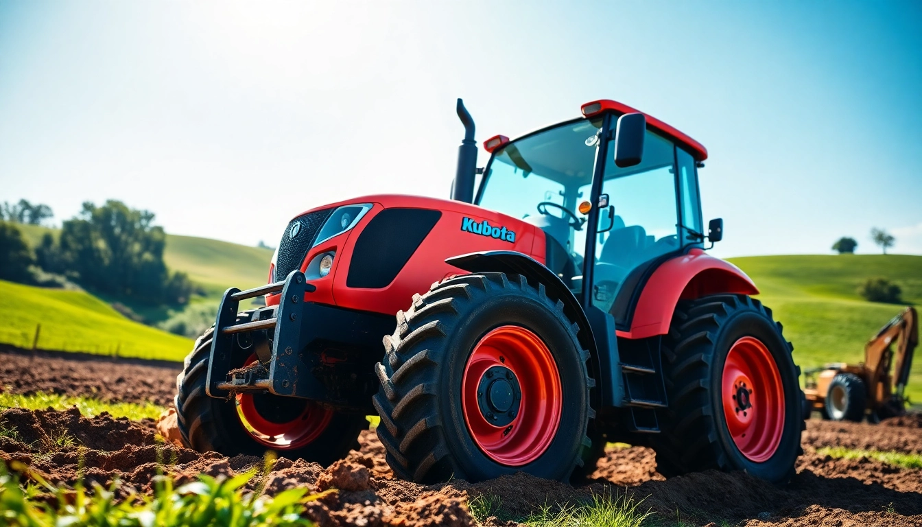 Kuboata Traktor in einer lebhaften Farmumgebung mit frischem Boden.