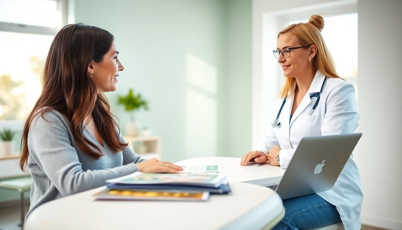 Client engaging in a Medical Weight Loss consultation with a nutritionist in a bright clinic.