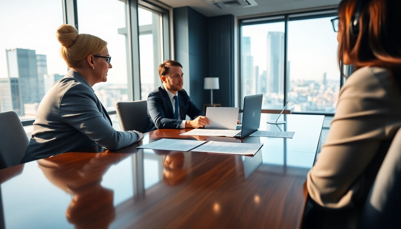 Real estate lawyer consulting clients in a modern, professional office setting.