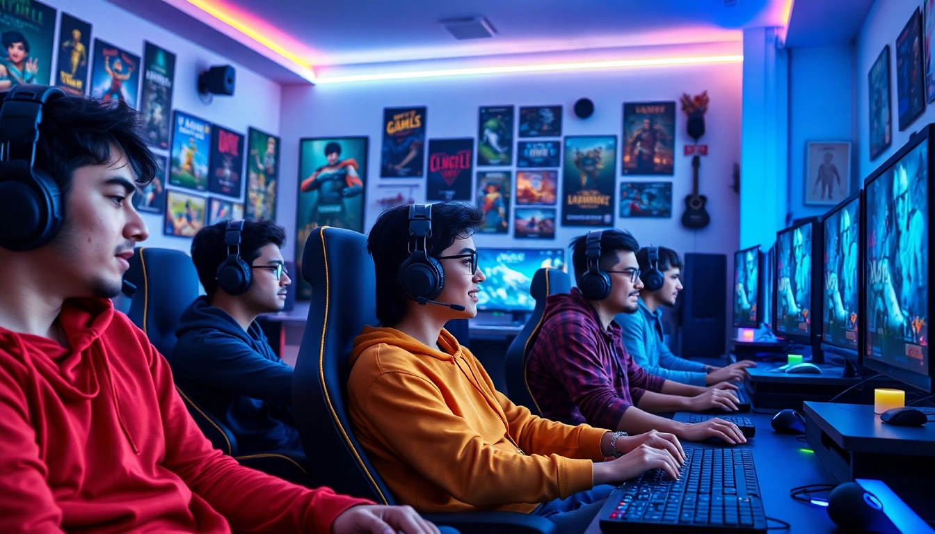 Bermain game online dengan antusias di ruang gaming yang modern dan ceria.