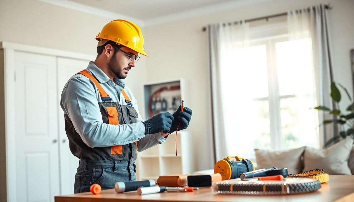 An electrician performing essential electrical service installation in a home.