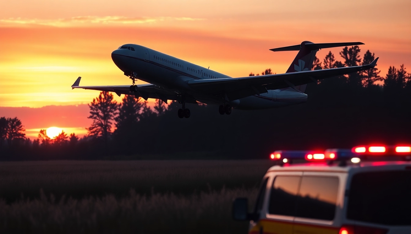 Aircraft making an emergency landing near a field, illustrating quick response measures for emergency landing incidents.