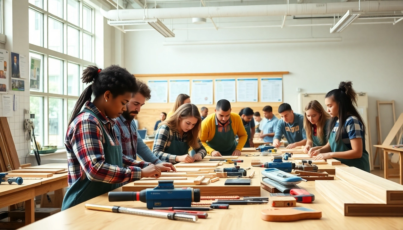 Hands-on training at a trade school Knoxville TN, showcasing students engaged in woodworking.
