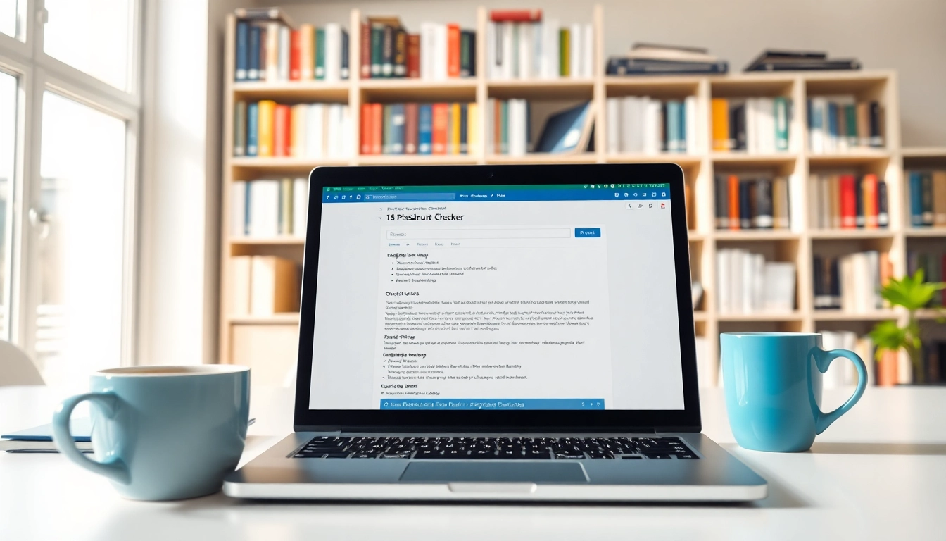 Utilize a plagiarism checker interface shown on a laptop in a modern setting.