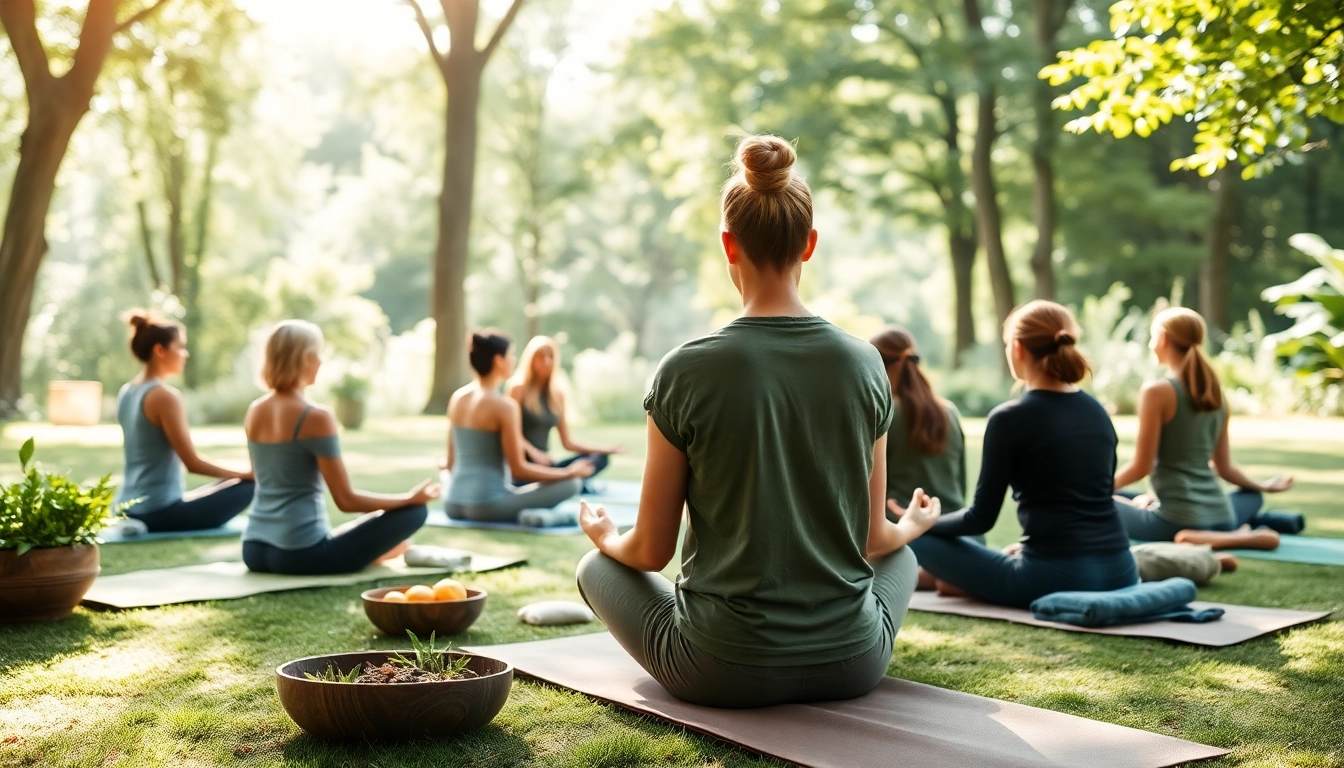 Heilfasten retreat with participants practicing meditation in a tranquil outdoor setting