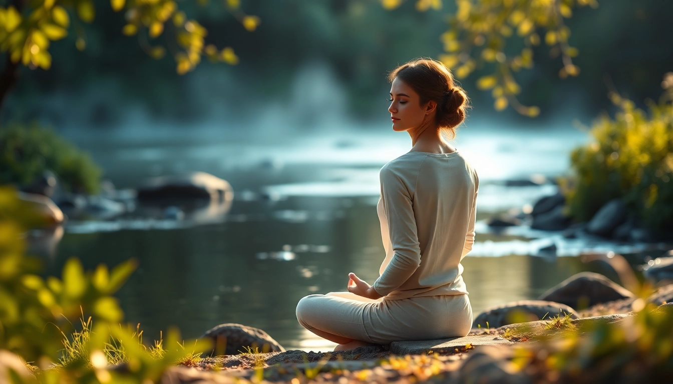 Practicing relaxation techniques for dealing with anxiety in a serene outdoor setting.