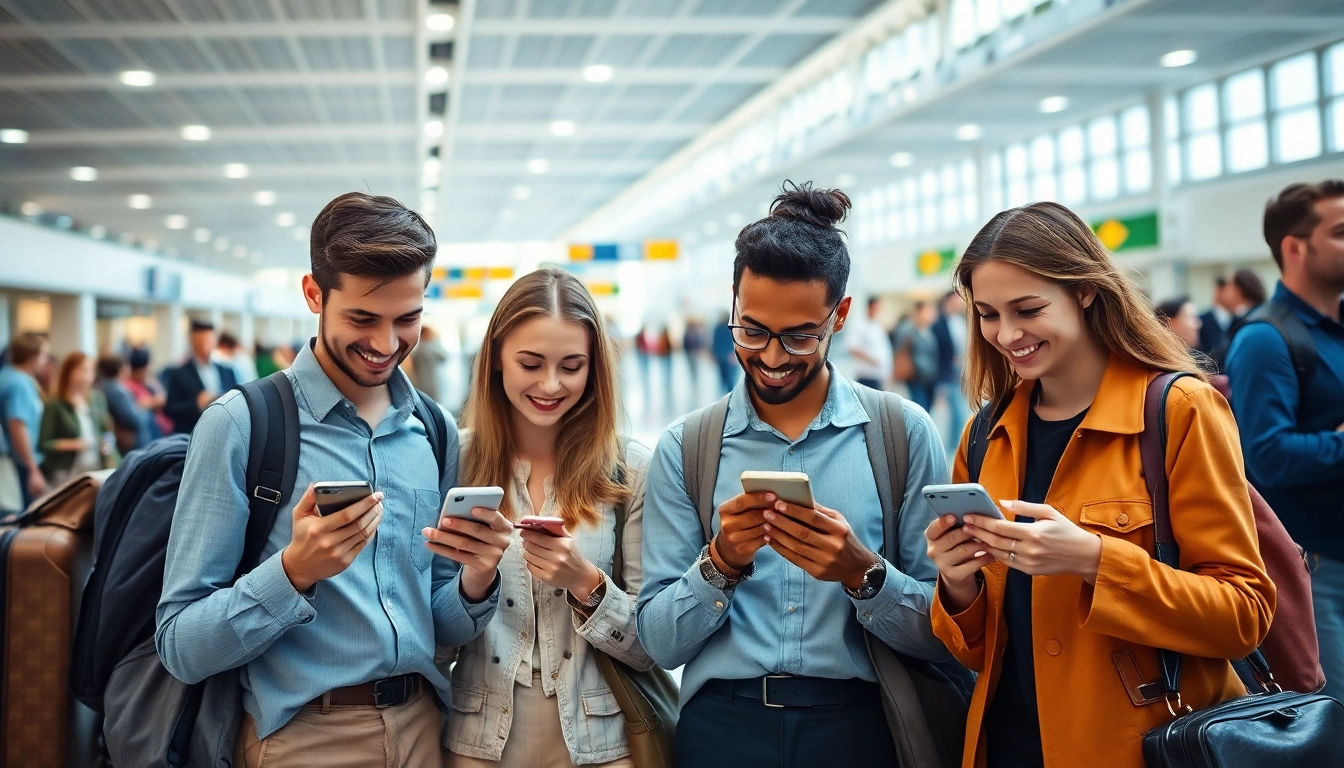 Travel enthusiasts eagerly planning their next adventure at an airport terminal with vibrant energy.