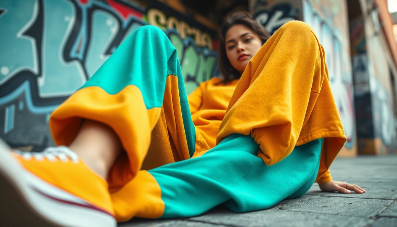 Model wearing oversized sweatpants in a vibrant urban setting, showcasing style and comfort.