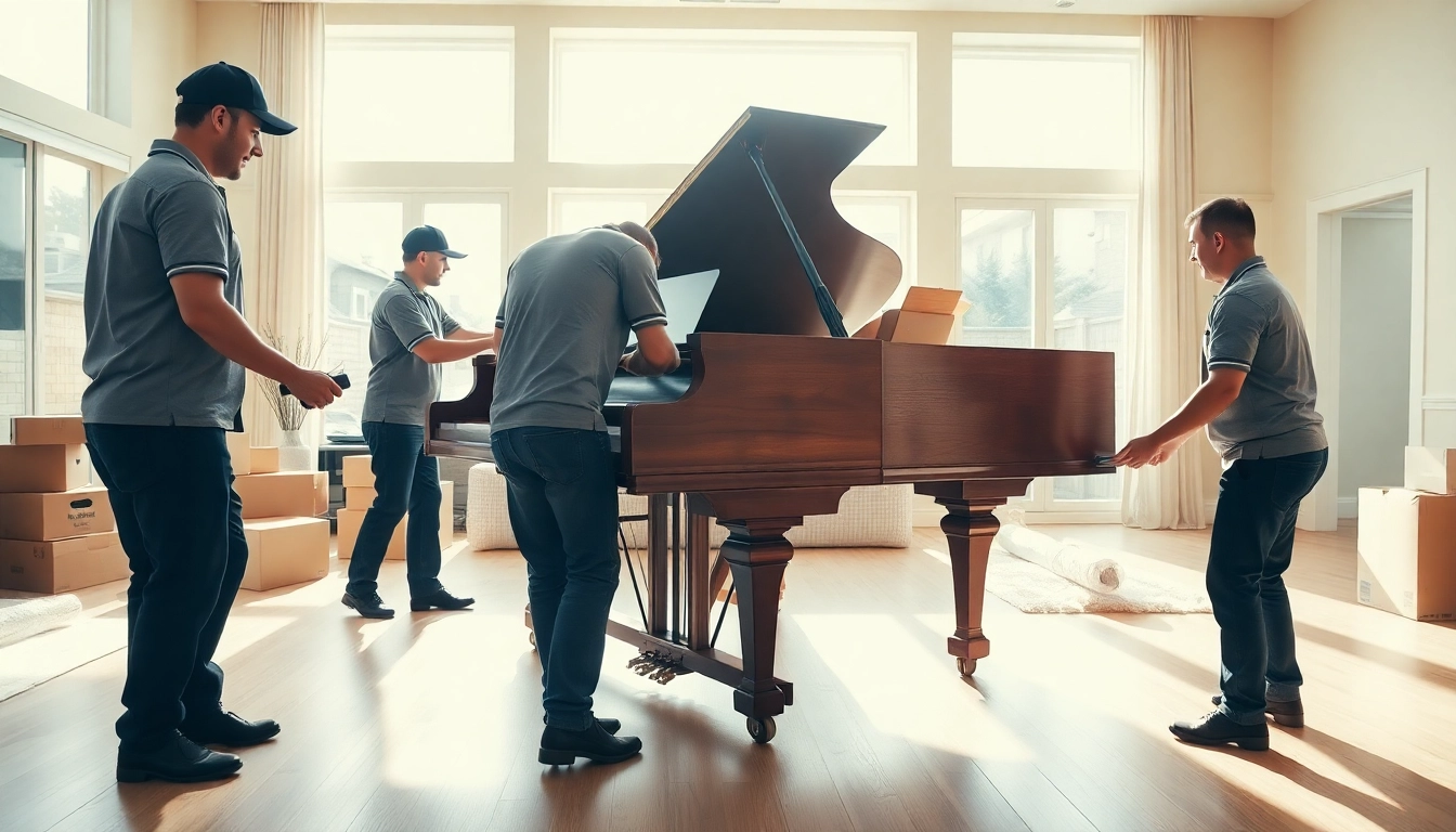 Professional movers from a moving company Toronto carefully relocate a vintage piano in a bright living room.