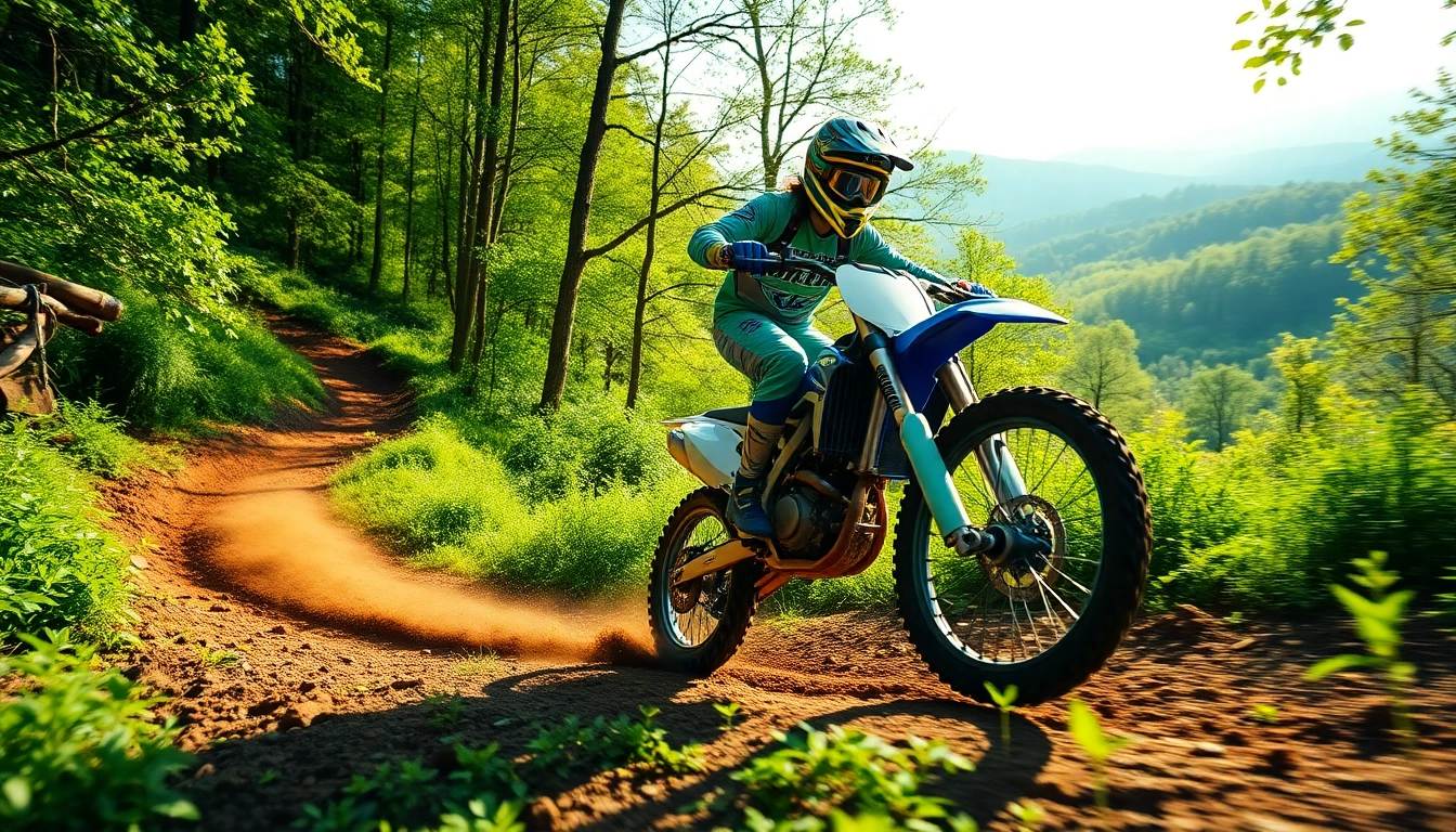 Dirtbike trails near me with a rider navigating a lush forest trail, highlighting adventure.