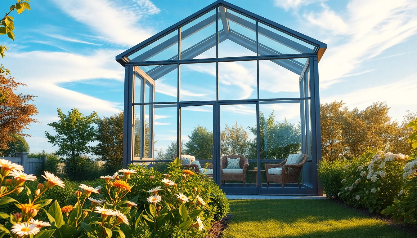 Experience a stunning glass sunroom bathed in sunlight, surrounded by vibrant greenery and a cozy seating area.