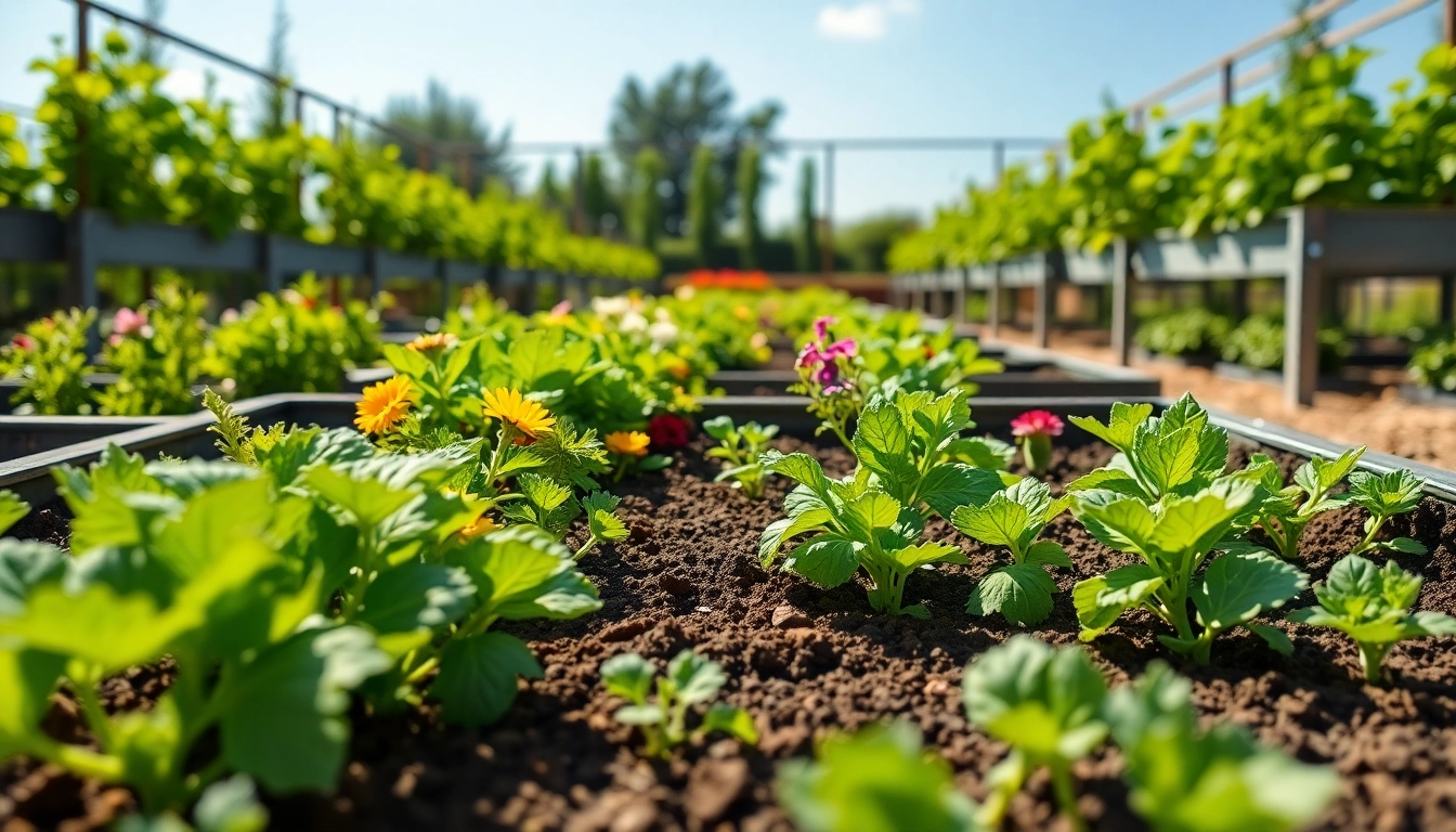 View of landguard raised beds flourishing with vegetables in a bright garden.