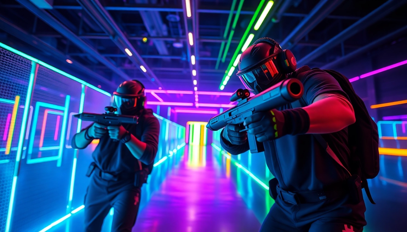Engaging laser tag players strategizing in a vibrant arena filled with neon lights.