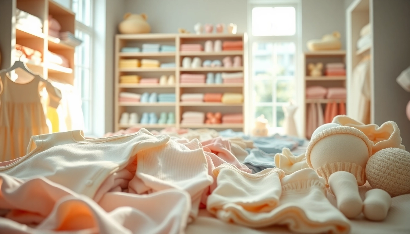Shop adorable baby clothes featuring various styles in a cozy boutique.