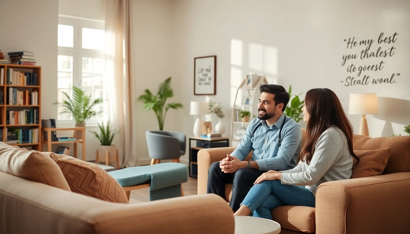 Empathetic relationship coach guiding a couple in a warm and inviting office.