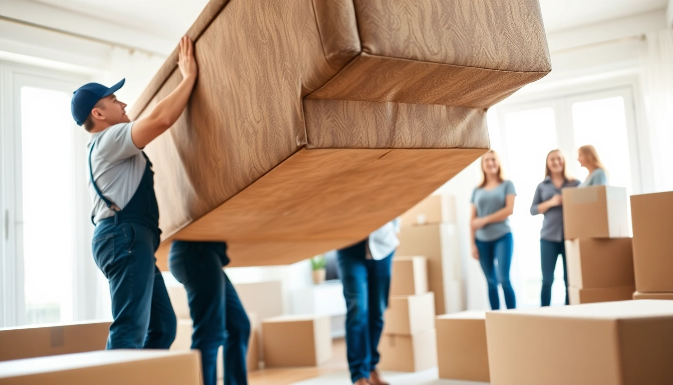 Movers Calgary assisting a family with a couch, showcasing professional teamwork and efficiency.