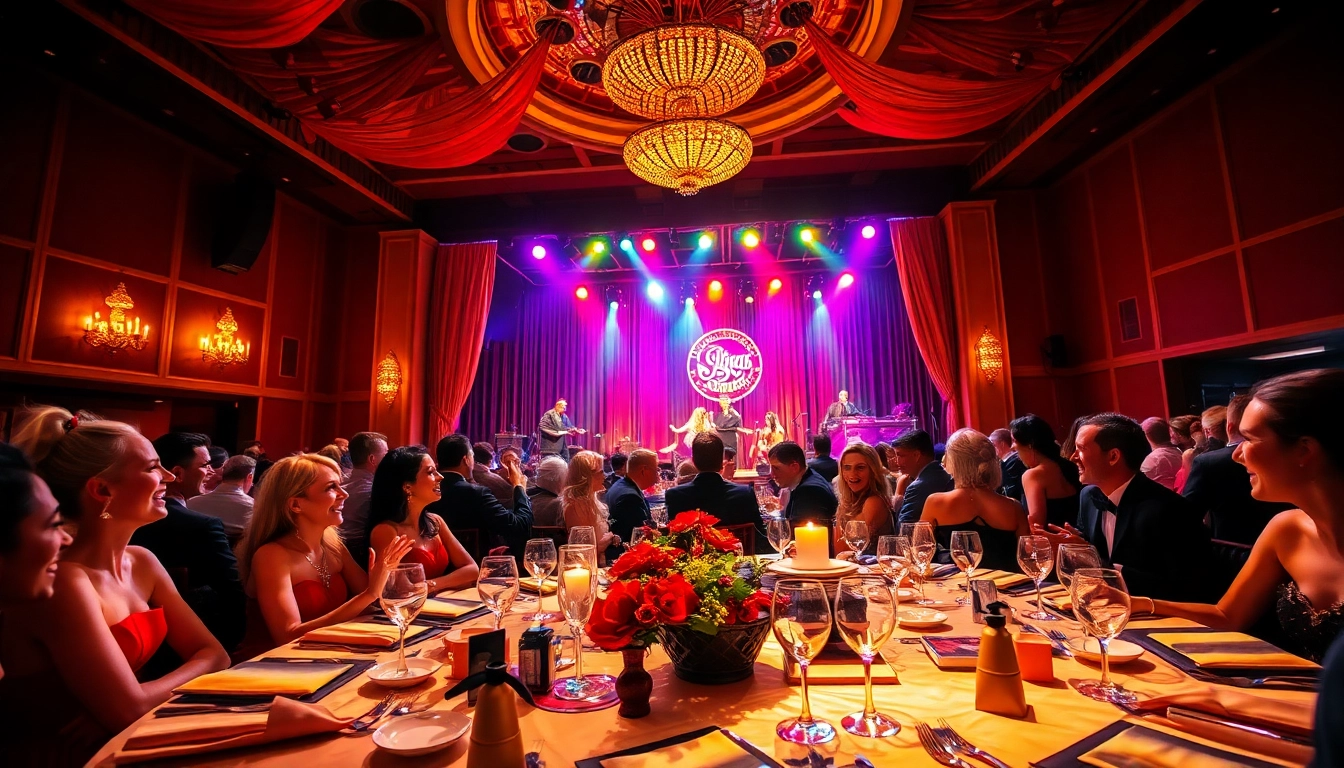Guests enjoying las vegas dinner shows in an elegant dining hall with lively performances.