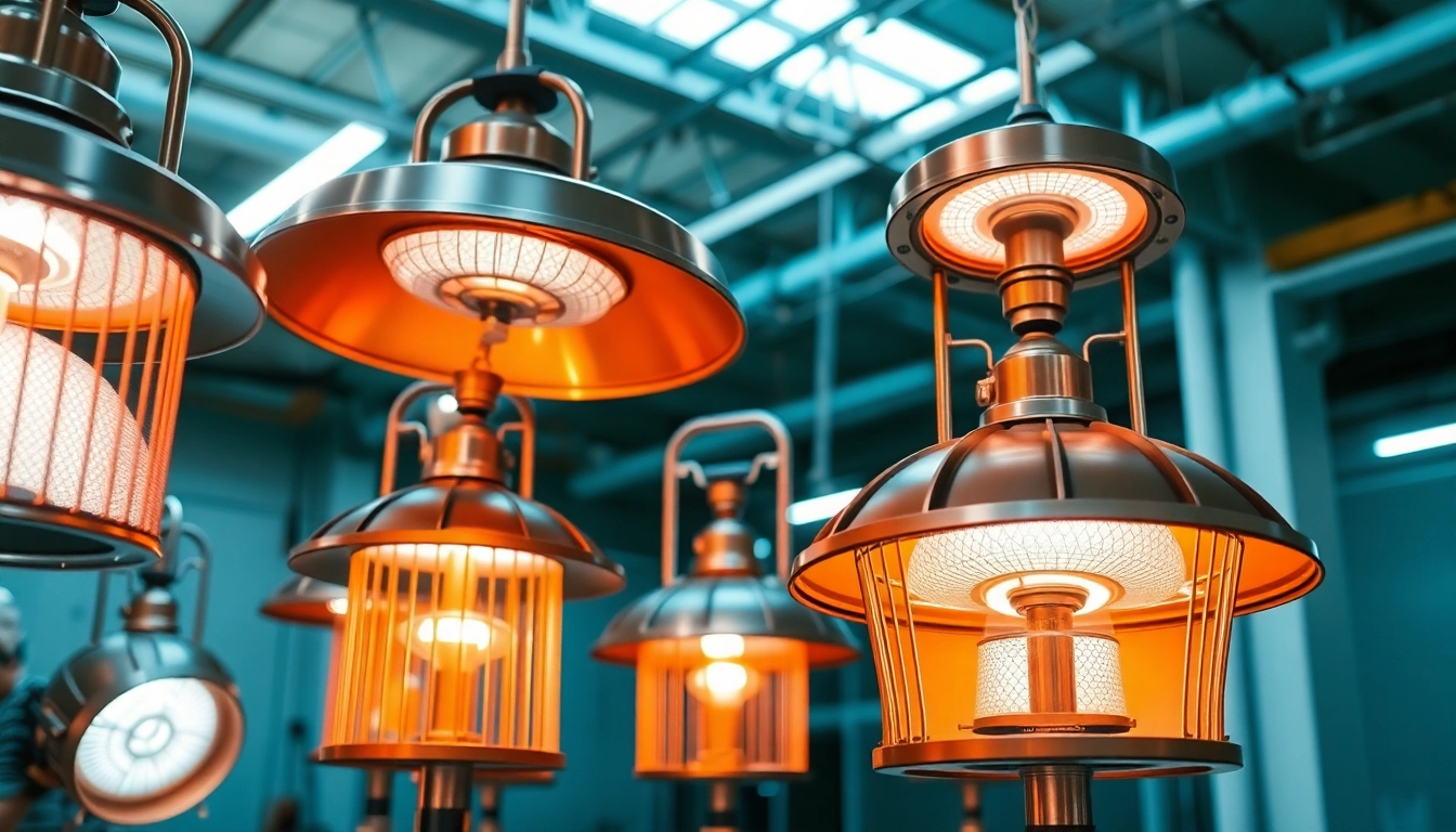 Industrial heat lamps showcasing their energy efficiency and innovative designs in an industrial environment.
