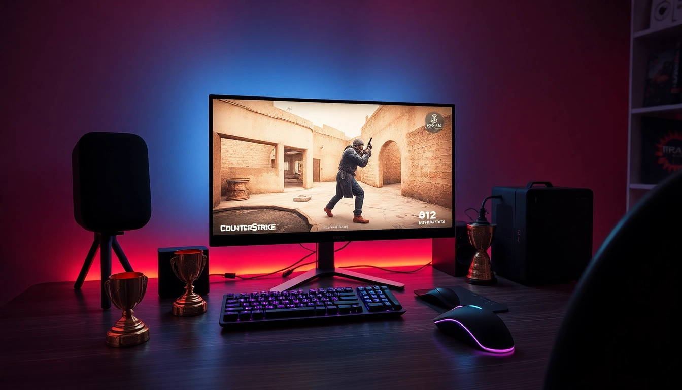 Engaging scene of a gaming setup dedicated to Undetected CS2 cheats with vibrant neon colors and high-end equipment.