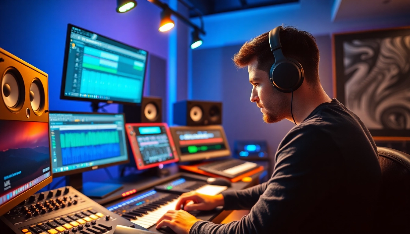 Crafting vibrant Drum and Bass presets in a modern studio environment with colorful lights.