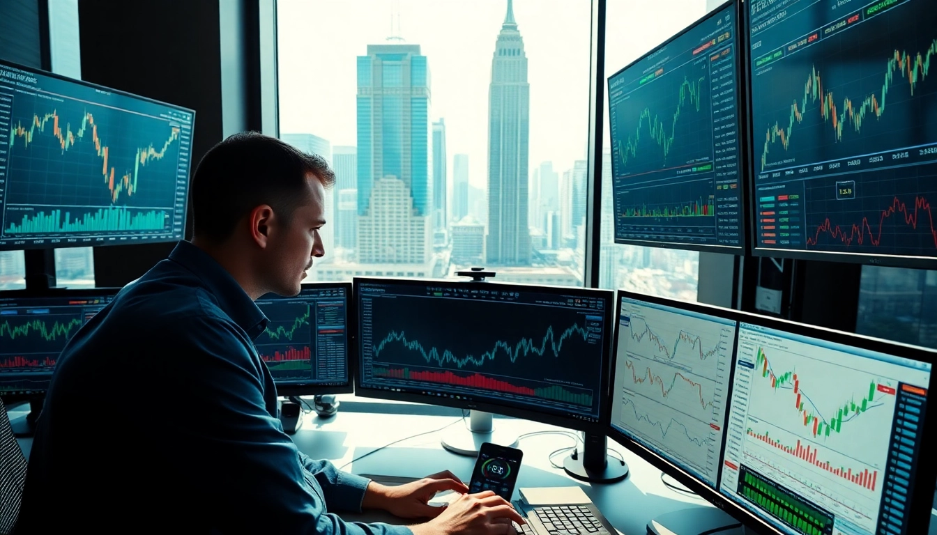 Trader analyzing graphs and charts on financial Markets with vibrant city backdrop.