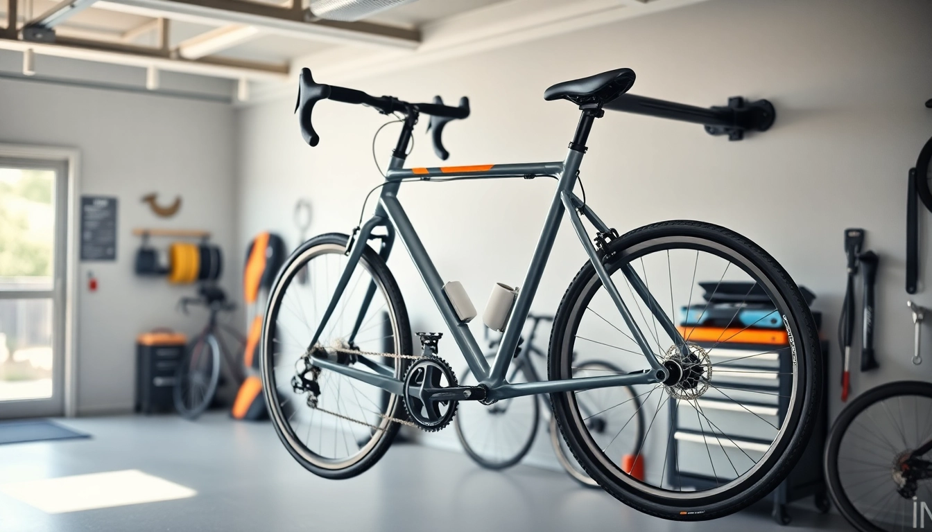 Organized bike wall rack supporting a stylish bicycle in a clean garage.