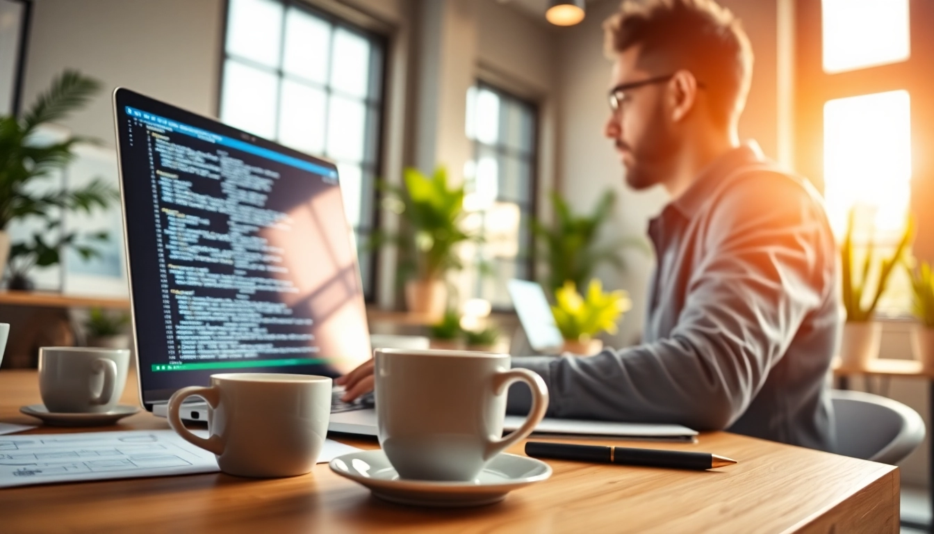 Engaged WordPress developer near me working intently at a modern desk with design elements.