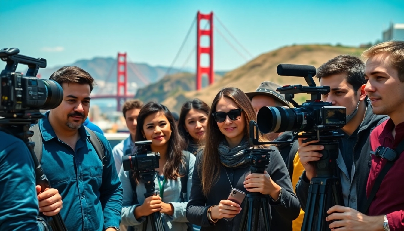 Captivating video production san francisco team engaging in energetic filming amidst the cityscape.