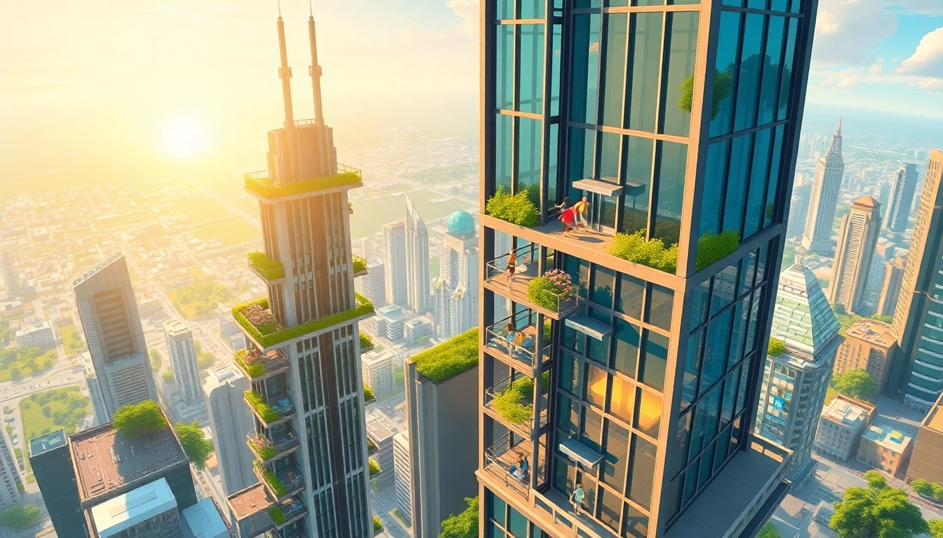 Engage with vibrant environments as you play sim tower game, featuring intricate skyscrapers and animated scenes.