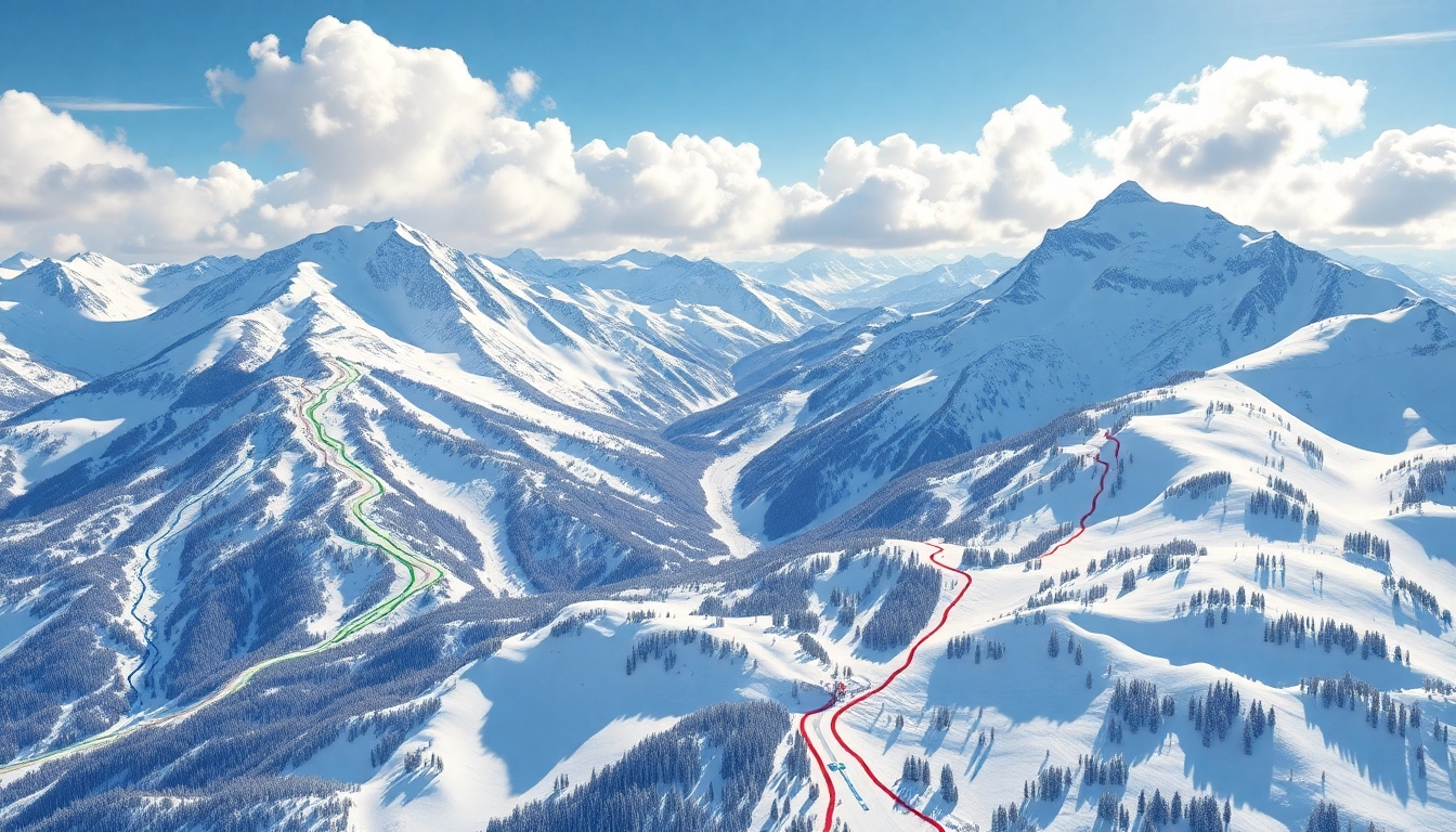 Detailed ski map showcasing vibrant trails, capturing the excitement of skiing in snowy mountains.