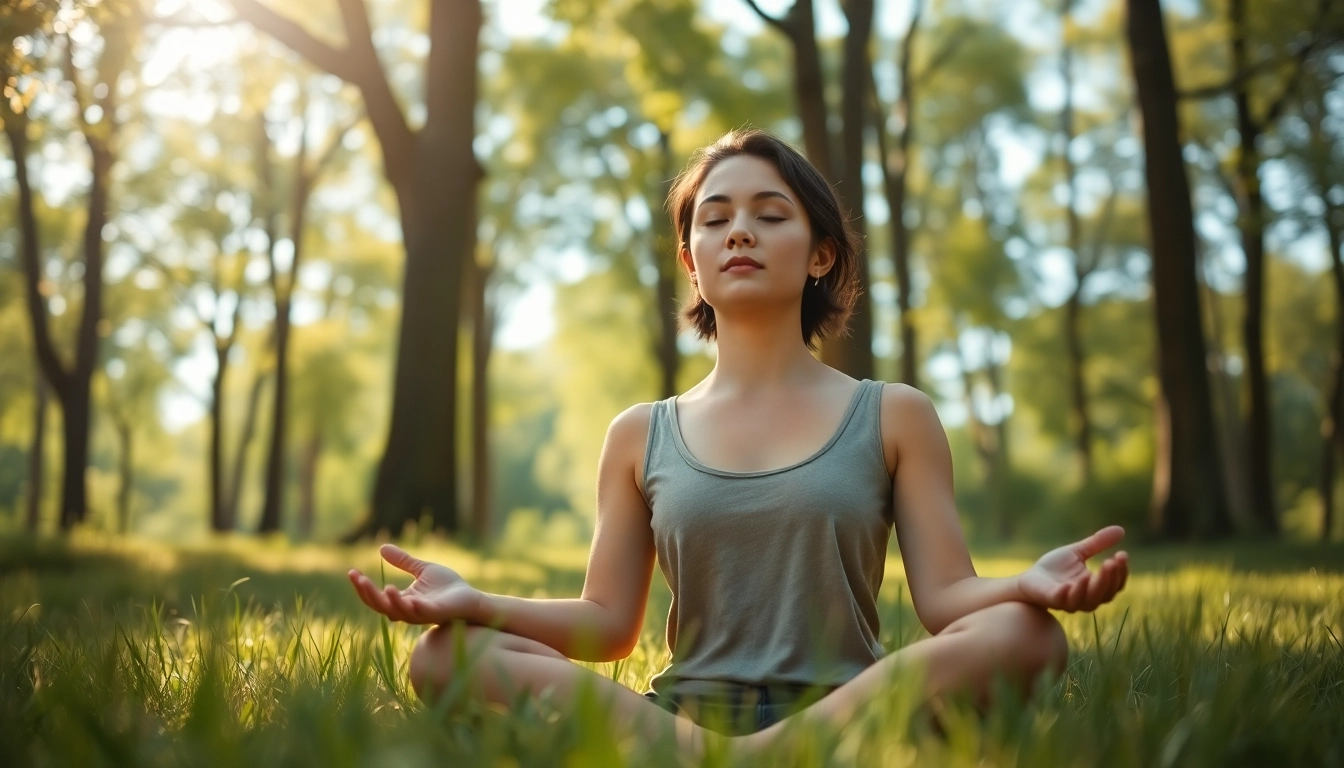 Person practicing mindfulness while dealing with stress in a tranquil natural environment.