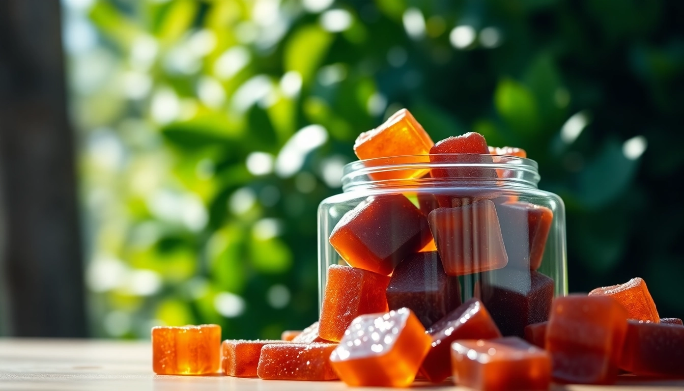 Vibrant Shilajit Gummies in a glass jar showcasing their rich colors and textures.