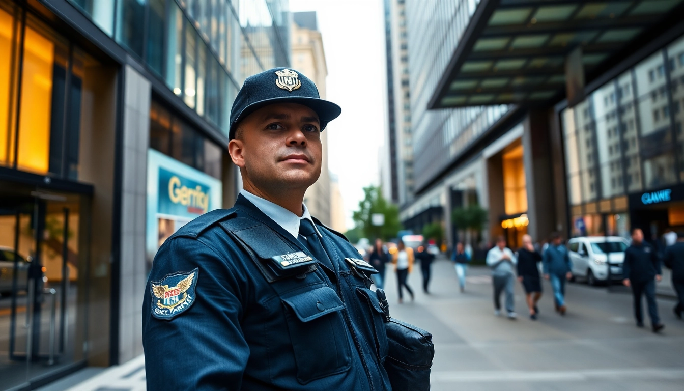 Security guard services provided by a professional in an urban environment while ensuring safety and protection.