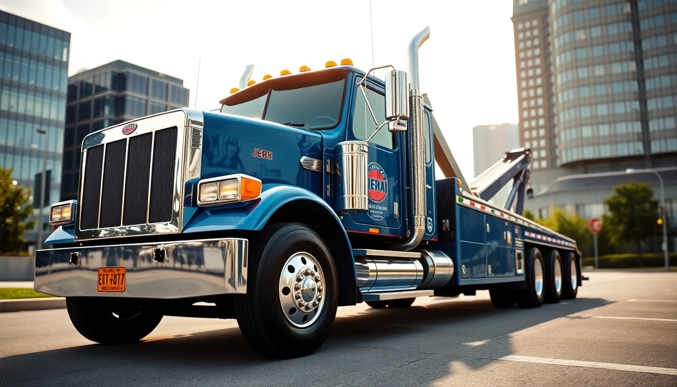 Jerr Dan towing truck striking a powerful pose in a bustling urban environment.