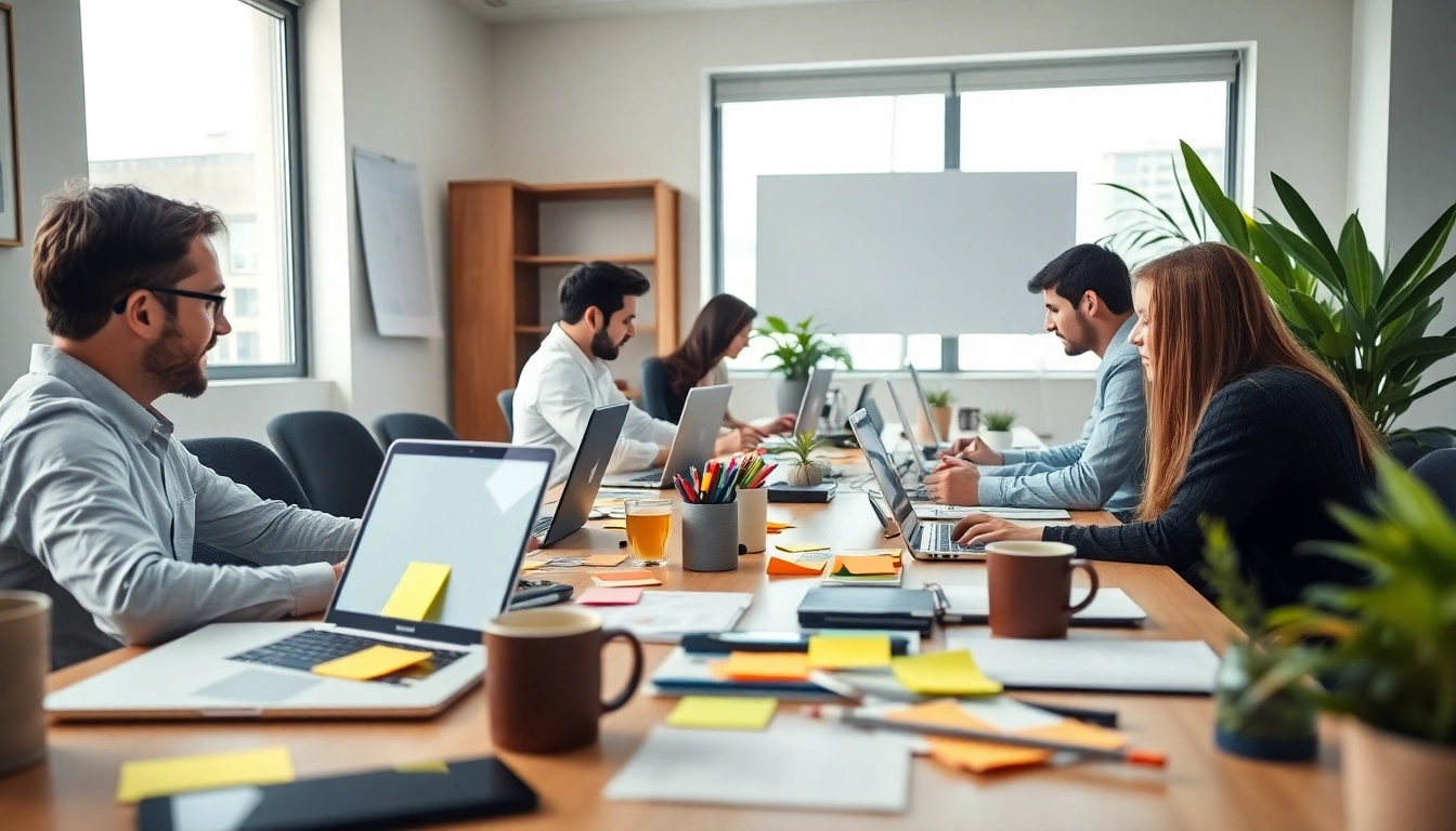 Team of seo and web design companies collaborating on innovative concepts in a modern office.