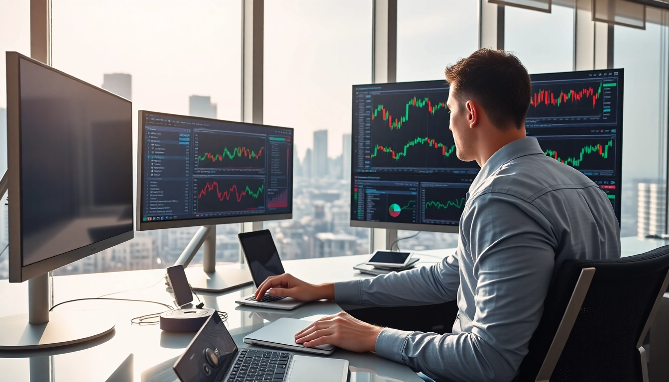 Trader analyzing Forex Signals on multiple screens in a modern office environment.