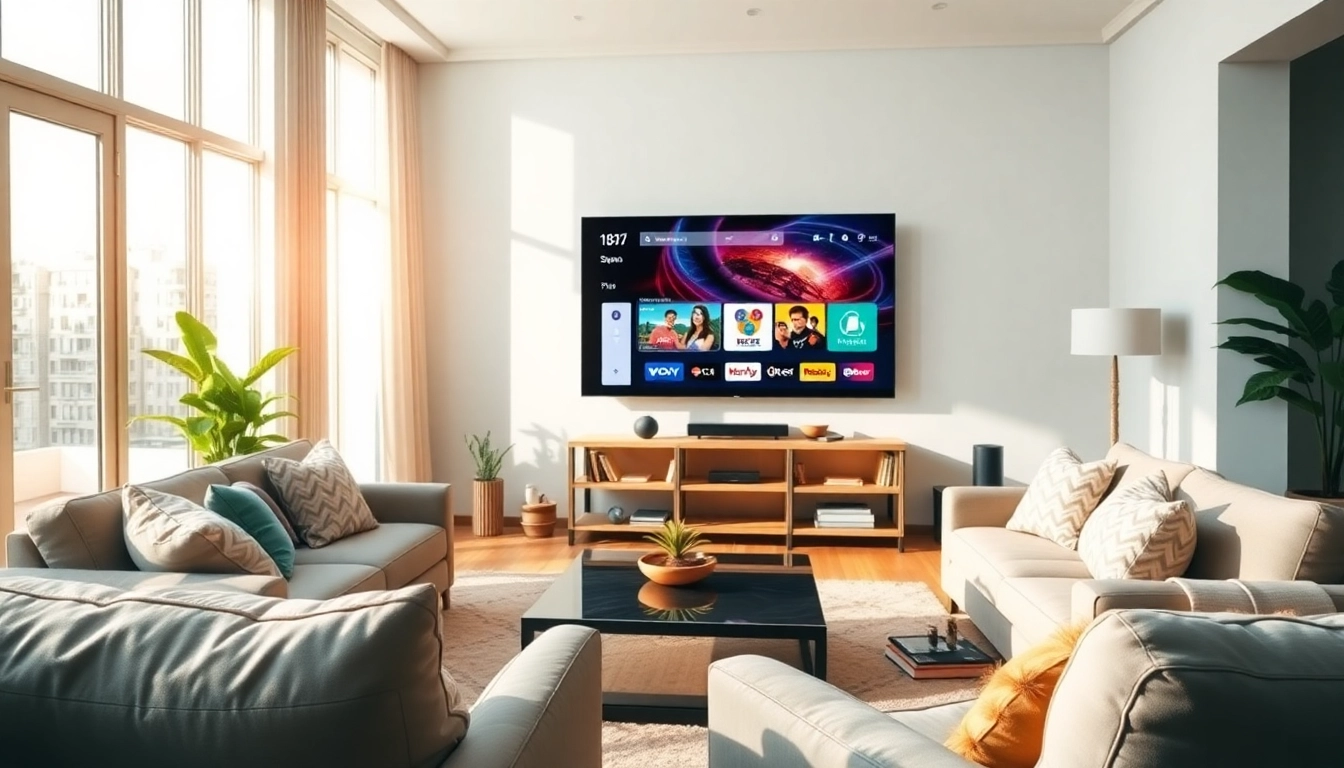 Comprar IPTV en un moderno salón con televisión y opciones de streaming vibrantes.